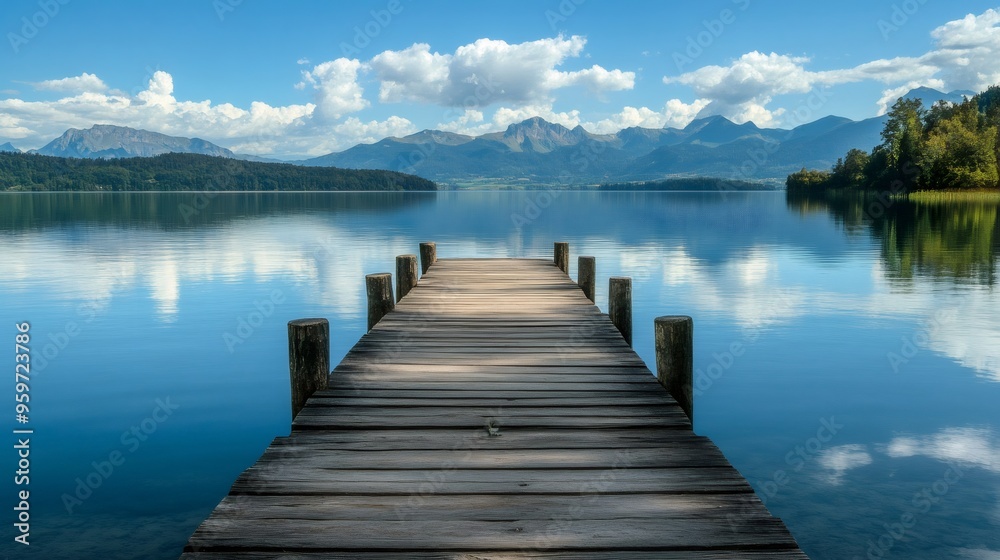 Naklejka premium Wooden dock extending out into a still lake, with mountains in the distance and a blue sky.