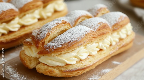 Cream Puff Pastry Delight: Close-up of two freshly baked and dusted cream puffs filled with fluffy vanilla custard, showcasing the intricate layers and textures of this classic pastry. 