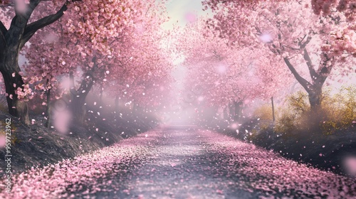 Pink cherry blossom trees lining a path with petals falling in the spring.