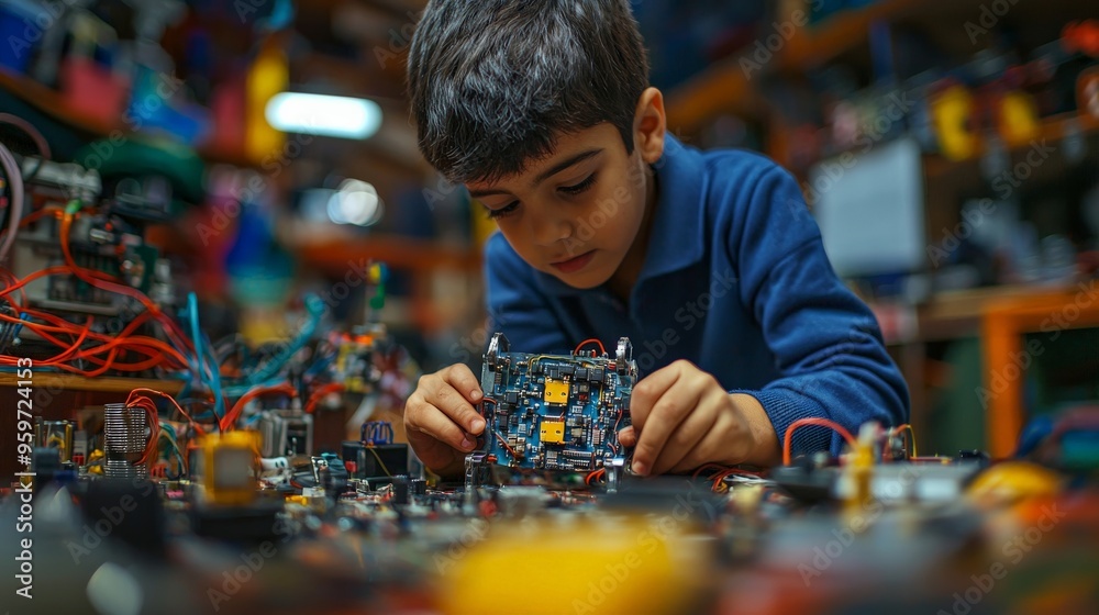 A child engineer testing a newly built robot, with circuits and mechanical parts in the background A child engineer testing a newly built robot, with circuits and mechanical parts in the background