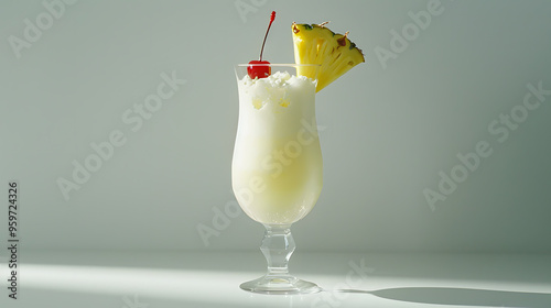 Pina Colada Cocktail with Pineapple and Cherry photo