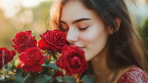 Fototapeta Naklejka Na Ścianę i Meble -  Beautiful young woman is holding and smelling a red rose while closing her eyes enjoying the aroma.