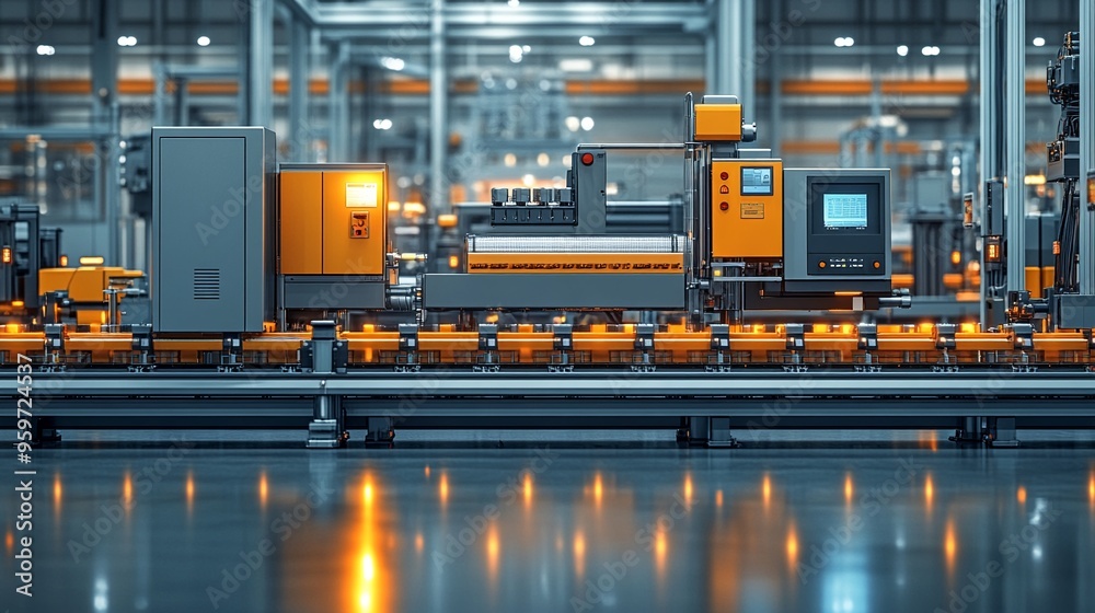 Industrial Manufacturing Process: A close-up view of an industrial manufacturing process, featuring a modern, high-tech machinery line in a clean and well-lit factory setting. Industrial Manufacturing Process: A close-up view of an industrial manufacturing process, featuring a modern, high-tech machinery line in a clean and well-lit factory setting.