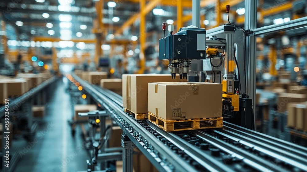Automated Precision on the Production Line: A state-of-the-art robotic arm efficiently moves cardboard boxes along a conveyor belt in a modern factory, showcasing the power of automation in manufactu