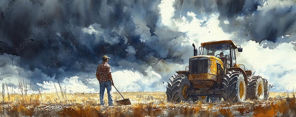 Grader working under a stormy sky, dramatic tension, watercolor style Grader working under a stormy sky, dramatic tension, watercolor style