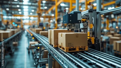 Obraz na płótnie Automated Precision on the Production Line: A state-of-the-art robotic arm efficiently moves cardboard boxes along a conveyor belt in a modern factory, showcasing the power of automation in manufactu w salonie