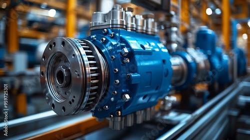 Industrial Machinery: A close-up view of a powerful blue industrial engine, showcasing its intricate design and robust construction. The image captures the essence of precision engineering and heavy m