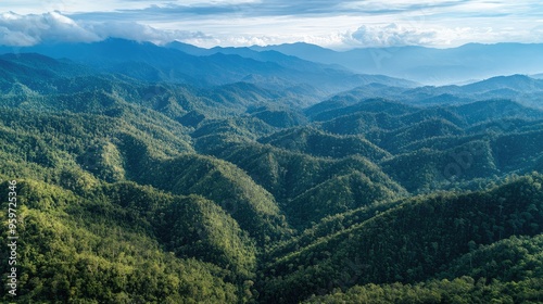 Bird's eye view of the rugged hills and deep valleys of the Crocker Range in Sabah.