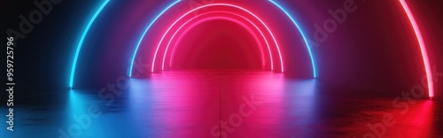 Abstract background featuring neon lights and a minimalistic arch design in 3D render