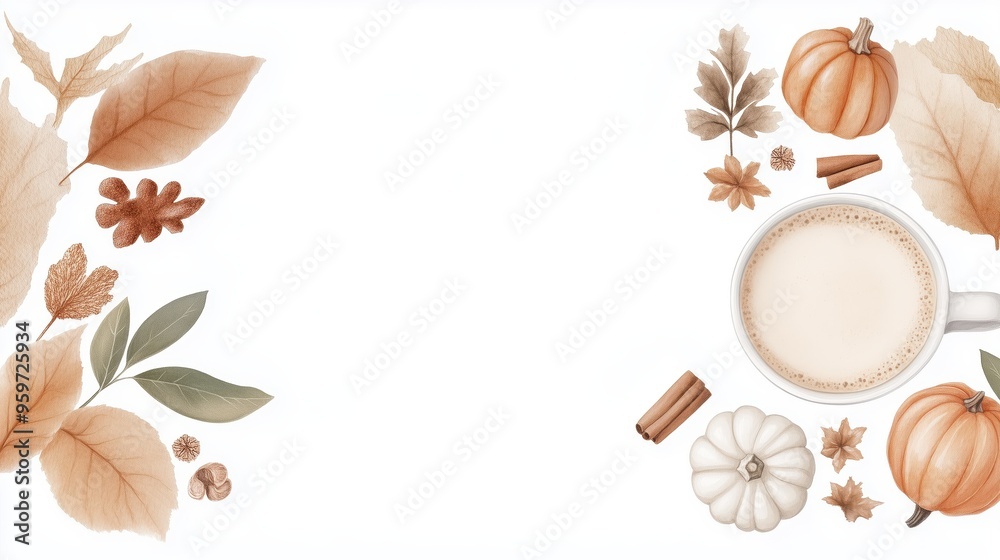 Autumn-Themed Flat Lay with Coffee Cup, Pumpkins, Leaves, and Cinnamon Sticks on White Background Autumn-Themed Flat Lay with Coffee Cup, Pumpkins, Leaves, and Cinnamon Sticks on White Background