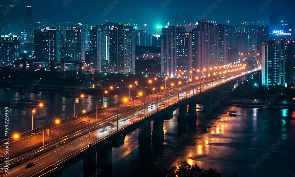 Night Cityscape with Bridge and River Night Cityscape with Bridge and River