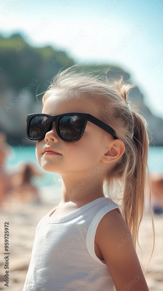 Portrait of a little girl wearing sunglasses standing enjoying the cool beach air while looking away at the blue sea background. Portrait of a little girl wearing sunglasses standing enjoying the cool beach air while looking away at the blue sea background.