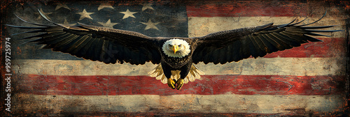 Powerful bald eagle and weathered US flags blend in rustic imagery celebrating American heritage and freedom