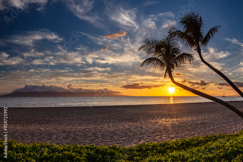 Fototapeta Naklejka Na Ścianę i Meble -  Kaanapali Beach Sunset Palm Trees
