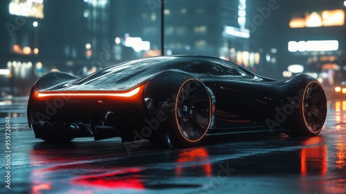 Futuristic sports car in neon city