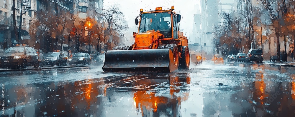 Road roller working in a rainsoaked street, reflections in the water, moody atmosphere, watercolor style Road roller working in a rainsoaked street, reflections in the water, moody atmosphere, watercolor style
