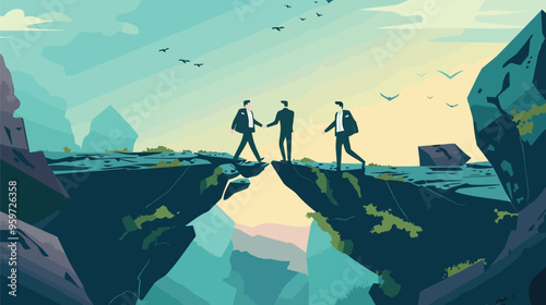 Teamwork: Businessmen Overcoming Gap Between Rocks, Manager Helping Team in Crisis