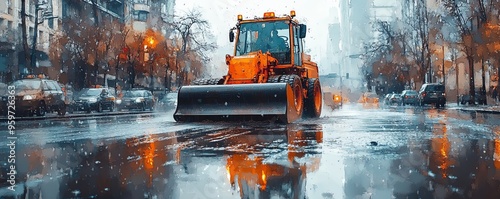 Road roller working in a rainsoaked street, reflections in the water, moody atmosphere, watercolor style photo