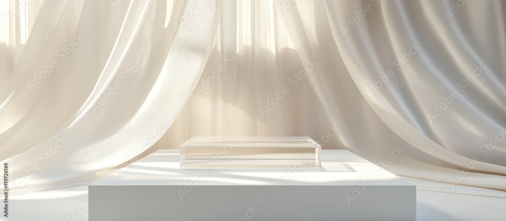 Elegant clear acrylic podium with an unoccupied area for showcasing beauty cosmetic or jewelry items accompanied by flowing satin sheer curtains 3D render templates mockup background premium glass Elegant clear acrylic podium with an unoccupied area for showcasing beauty cosmetic or jewelry items accompanied by flowing satin sheer curtains 3D render templates mockup background premium glass
