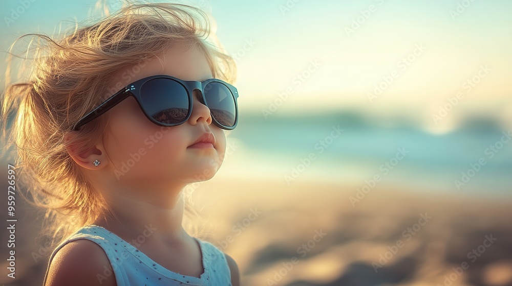 Little girl in sunglasses enjoying the fresh air on the beach while looking away with the blue sea in the background Little girl in sunglasses enjoying the fresh air on the beach while looking away with the blue sea in the background