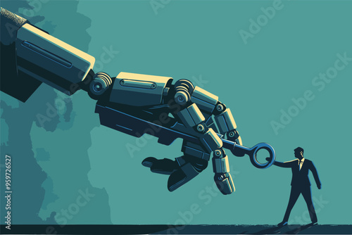 Technological Overreach Illustrated by a Robot Hand and Businessman Pulling a Giant Key