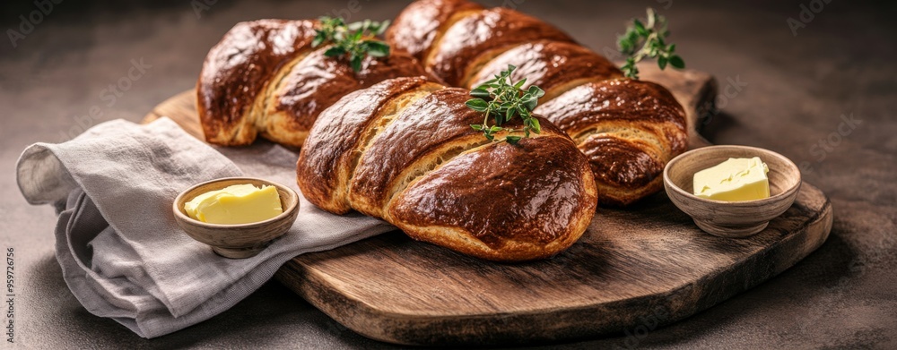 Golden Brown Rustic Rolls: Freshly baked, rosemary-topped rolls beckon on a wooden board, accompanied by melting butter, promising a comforting culinary experience. 