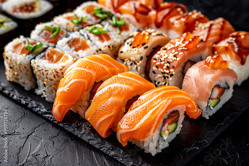 A plate of sushi with a variety of different types of sushi rolls