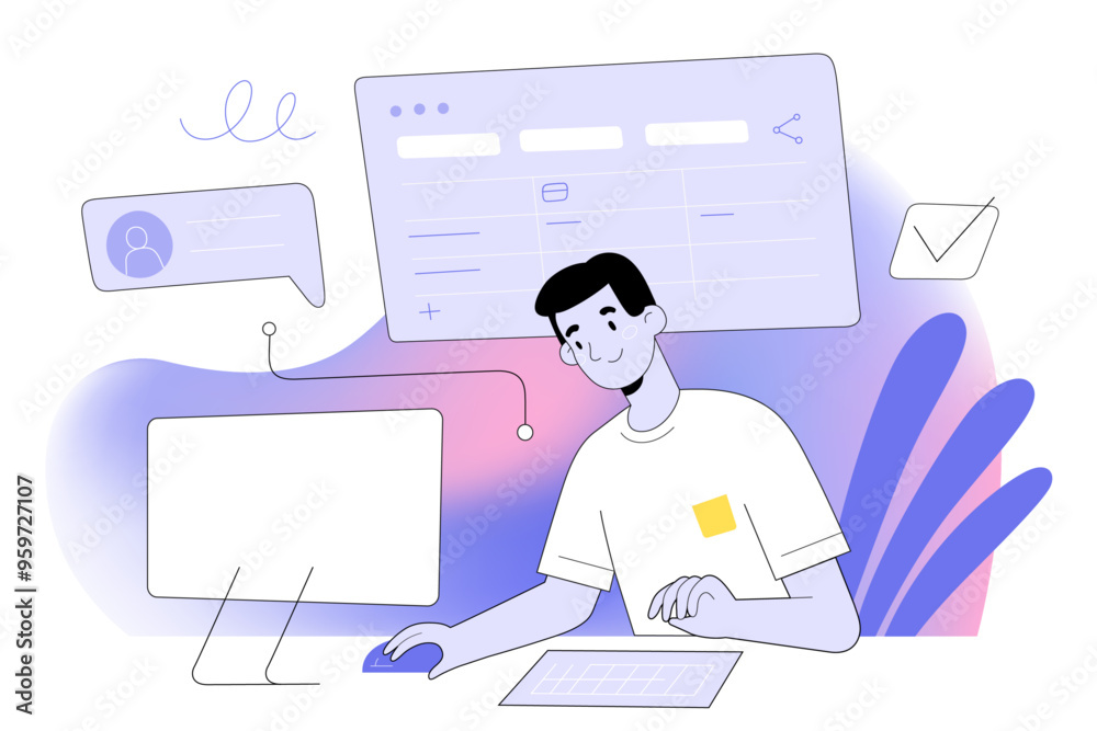 Person works on a desktop computer, using a task manager application, virtual workspace, surrounded by floating task icons UI interface, project and time management concept, vector illustration Person works on a desktop computer, using a task manager application, virtual workspace, surrounded by floating task icons UI interface, project and time management concept, vector illustration