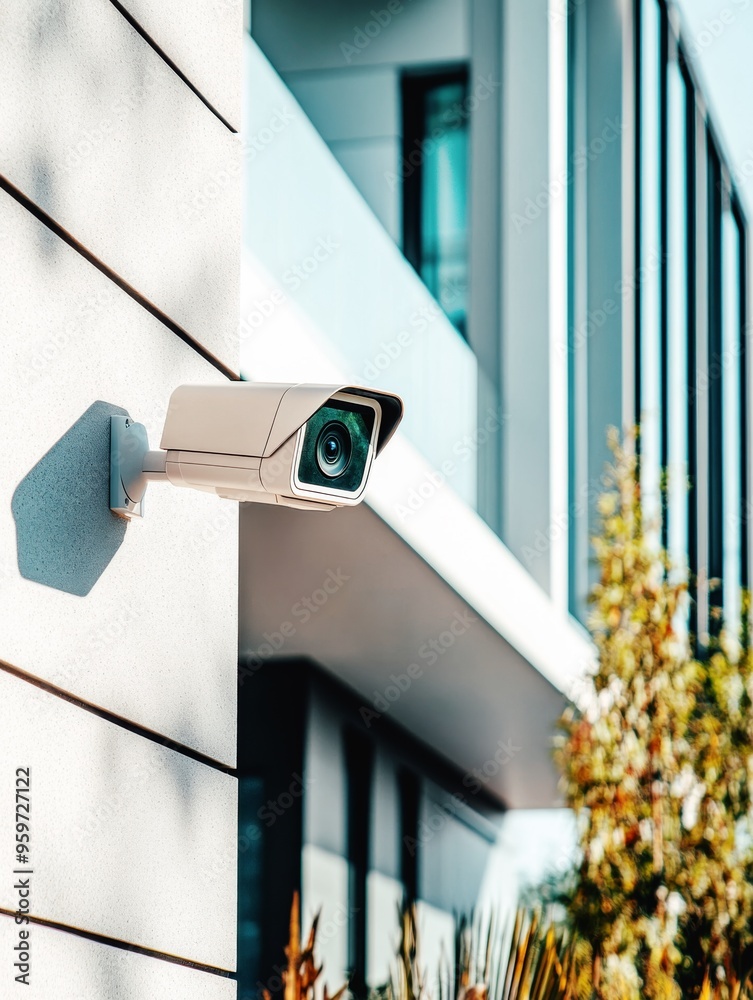 HD outdoor security IP camera mounted on modern building facade, providing video surveillance and protection for residential or commercial property, vertical