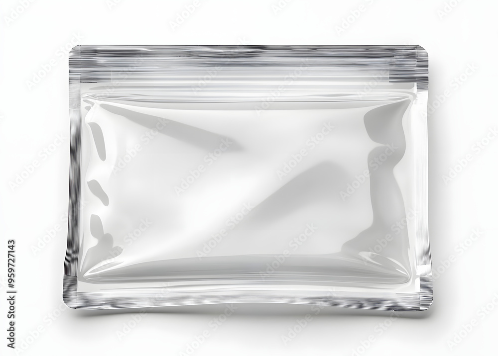 Clear flexible pouch packaging with zipper seal closure lying flat on a white background, awaiting product insertion or labeling, empty and transparent.