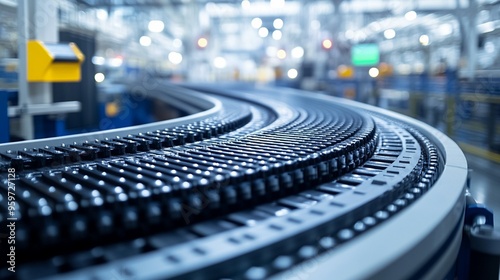 Conveyor Belt in Motion: A close-up view of a modern industrial conveyor belt, showcasing the intricate mechanics and seamless flow of production. The image captures the rhythm.