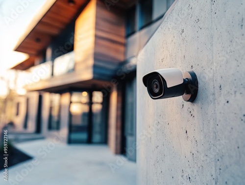 4K IP smart video surveillance camera on concrete wall, advanced smart technology security monitoring and protection