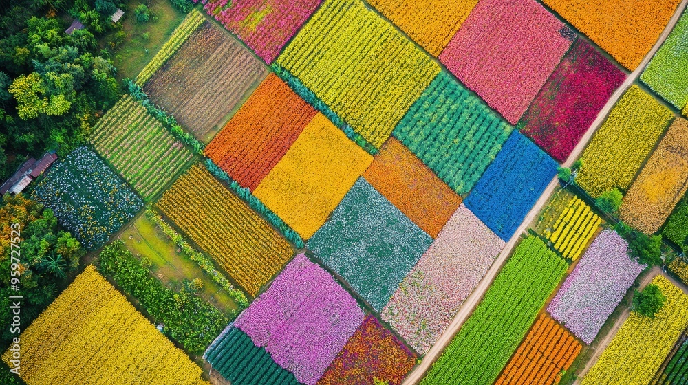 Bird's eye view of the vibrant flower fields in Chiang Mai during the blooming season, creating a colorful patchwork. Bird's eye view of the vibrant flower fields in Chiang Mai during the blooming season, creating a colorful patchwork.