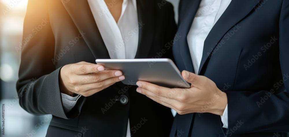 Professional man and woman in business suits, reviewing information on a tablet, highlighting teamwork and technology in the workplace Professional man and woman in business suits, reviewing information on a tablet, highlighting teamwork and technology in the workplace