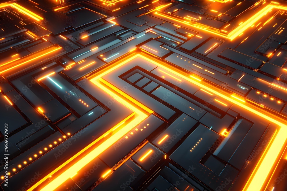 Futuristic Neon Circuitry with Glowing Orange Lines Futuristic Neon Circuitry with Glowing Orange Lines