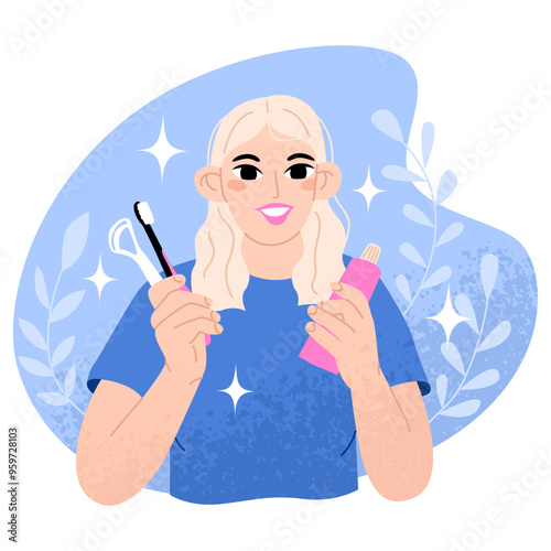 Girl smiling and holding objects for cleaning teeth and tongue. Daily body care routine. Personal oral hygiene. Caries prevention. Vector illustration in cartoon style. photo