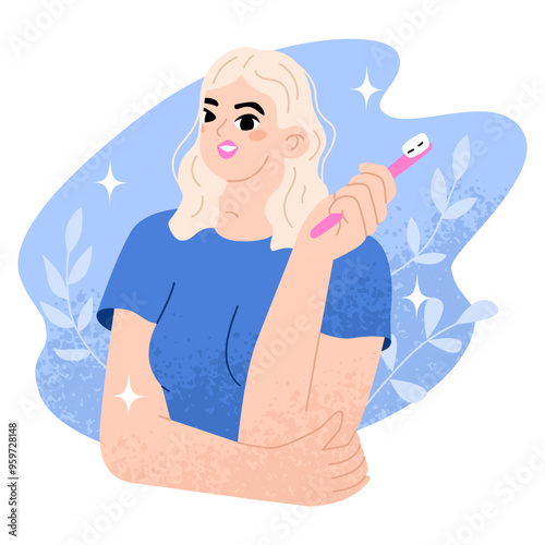 Girl smiling and holding toothbrush in hand. Daily body care routine. Personal oral hygiene. Caries prevention. Vector illustration in cartoon style.