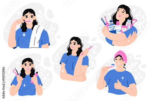 Set of illustrations with a girl taking care of her teeth. Feeling clean after a bath. Daily body care routine. Personal oral hygiene. Prevention of caries. Vector illustration in cartoon style.