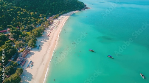 Wallpaper Mural Top view of Koh Phanganas Haad Rin Beach, famous for its full moon parties, with its pristine waters and golden sands. Torontodigital.ca