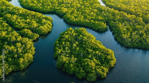 Top view of mangroves along the coast of Preah Sihanouk Province, with complex waterways and rich biodiversity. photo