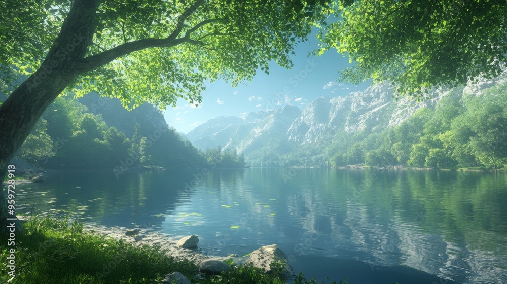 Serene Mountain Lake with Lush Greenery and Clear Blue Sky Serene Mountain Lake with Lush Greenery and Clear Blue Sky