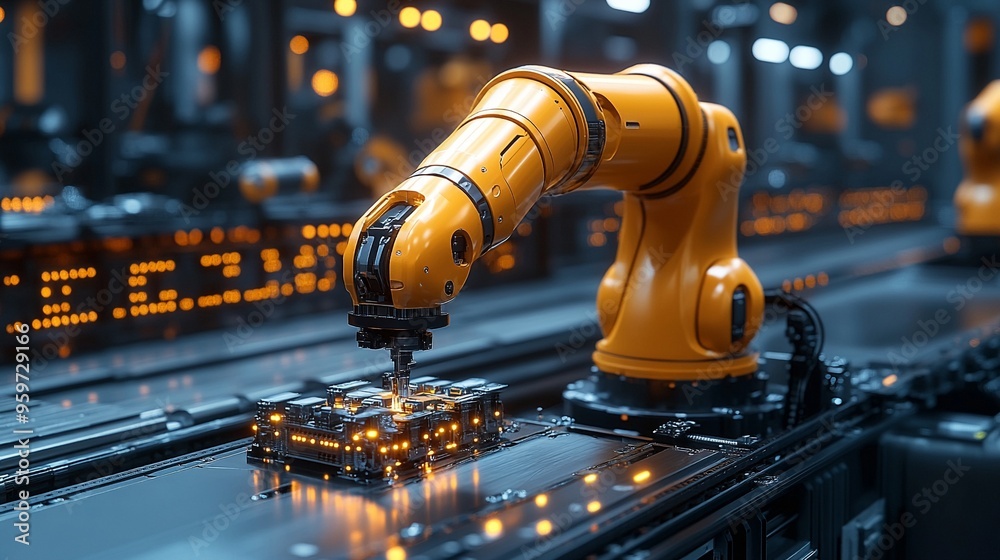 Precision Engineering: A lone robotic arm meticulously assembles a complex circuit board, bathed in the warm glow of a futuristic factory. Precision Engineering: A lone robotic arm meticulously assembles a complex circuit board, bathed in the warm glow of a futuristic factory.