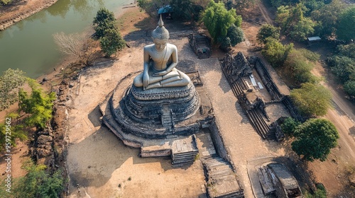 Top view of the ancient stupa and reclining Buddha statue in Wat Phia Wat, Xieng Khouang. photo