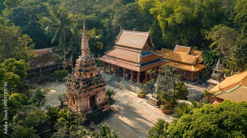 Top view of the ancient temples and pagodas of Wat Chayamangkalaram, set amidst lush gardens in Penang. photo