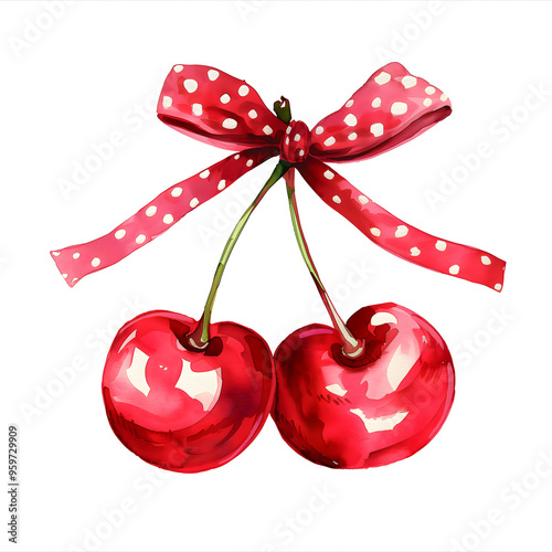 Two cherries with coquette dotted red ribbon bow. Cute clip art watercolor illustration isolated on white background