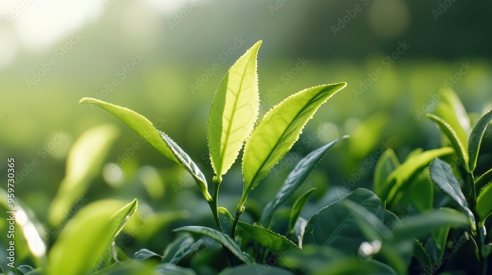 Close-Up of Fresh Green Tea Leaves in a Sunlit Field Capturing the Essence of Nature and Agriculture Close-Up of Fresh Green Tea Leaves in a Sunlit Field Capturing the Essence of Nature and Agriculture