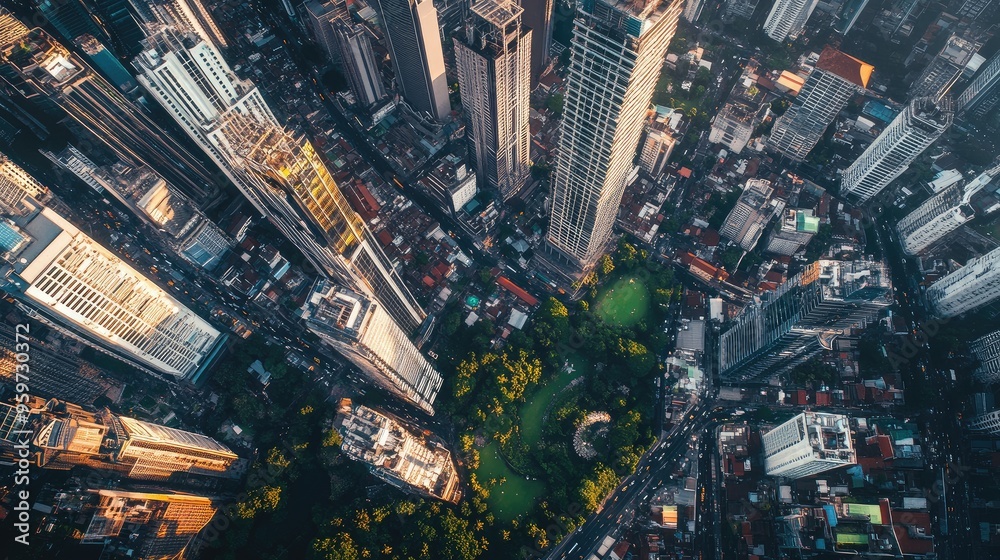 Fototapeta premium Top view of the dynamic cityscape of Jakarta, with skyscrapers, bustling streets, and green parks below.