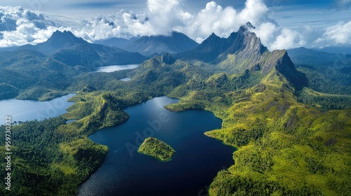 Top view of the diverse landscapes of West Papua, with its jagged mountains, crystal lakes, and dense jungles.