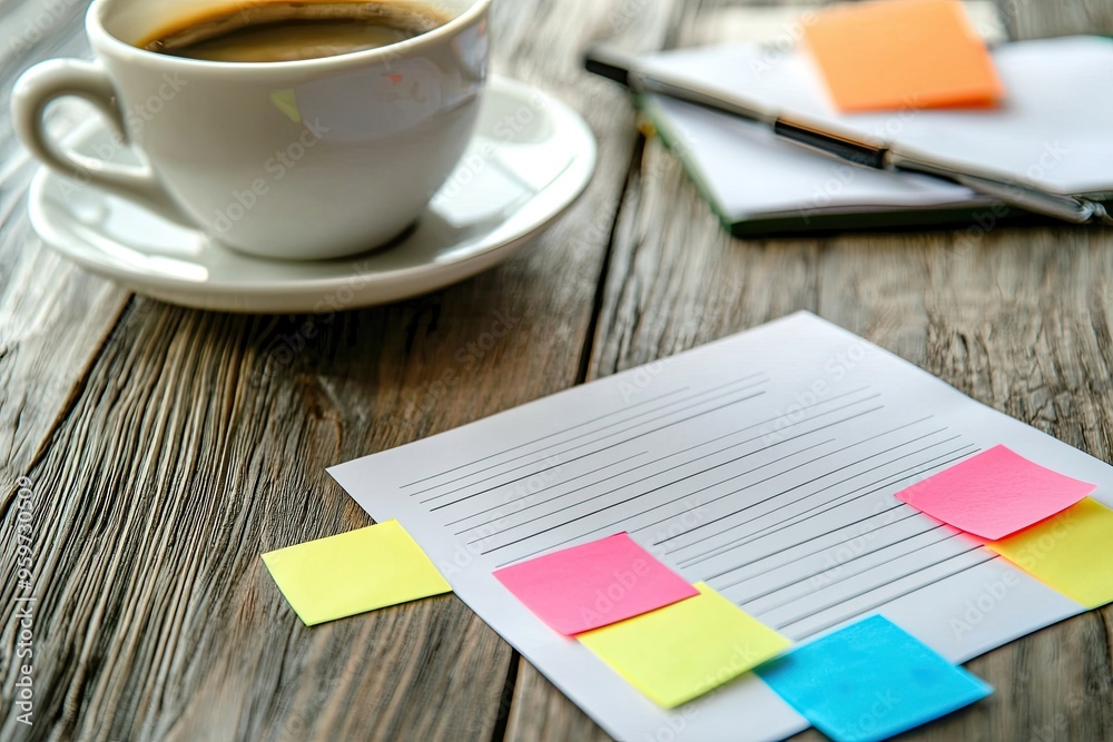 Office workplace with notepad, coffee cup and plant on wooden table Office workplace with notepad, coffee cup and plant on wooden table