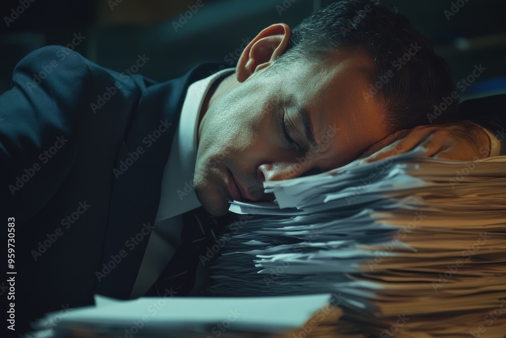 Business man in a suit nap on a stack of papers Business man in a suit nap on a stack of papers